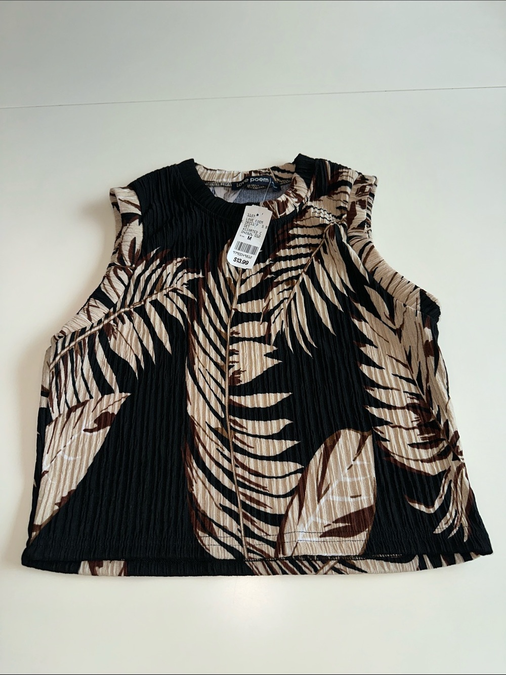 Pleated Palm-Print Sleeveless Tank Top in Black and Beige
